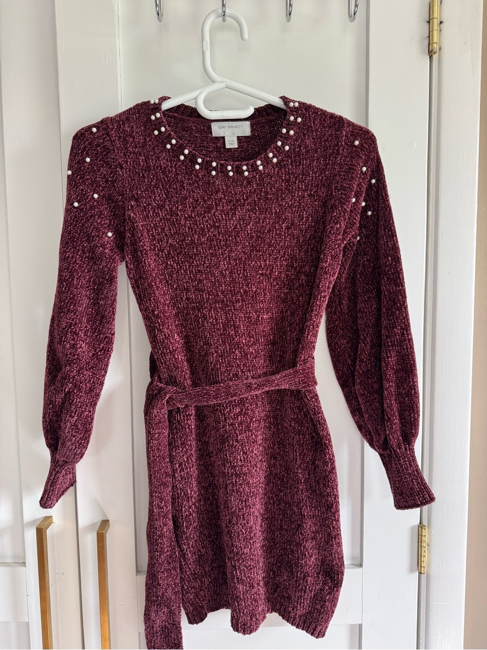 Say What? Burgundy Chenille Pearl-Trim Sweater Dress